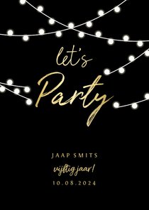 Uitnodiging gouden 'let's party' met lampjes