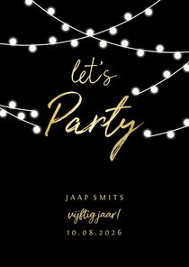 Uitnodiging gouden 'let's party' met lampjes