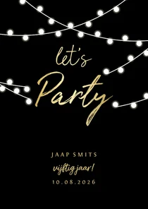 Uitnodiging gouden 'let's party' met lampjes