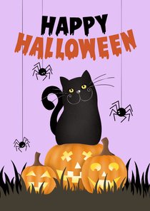 Uitnodiging halloween met kat spinnen en pompoenen