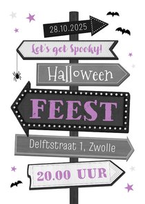 Uitnodiging Halloweenfeest wegwijzers vleermuizen spin