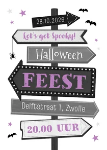 Uitnodiging Halloweenfeest wegwijzers vleermuizen spin