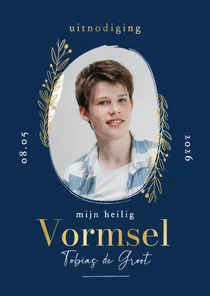 Uitnodiging heilig vormsel donkerblauw gouden takjes en foto