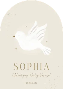 Uitnodiging heilig vormsel duif beige hartjes boog vorm