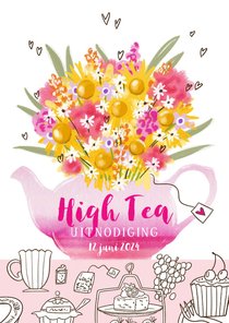 Uitnodiging high tea theepot kleurrijk boeket bloemen