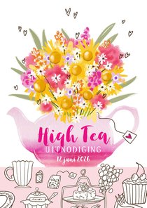 Uitnodiging high tea theepot kleurrijk boeket bloemen