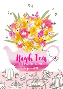 Uitnodiging high tea theepot kleurrijk boeket bloemen