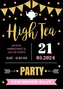 Uitnodiging High Tea typografie slinger confetti goud roze