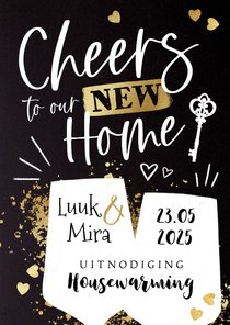 Uitnodiging housewarming ‘Cheers!’ krijtbord wijn goudlook