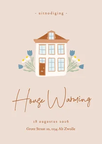 Uitnodiging housewarming in beige met huisje en bloemen