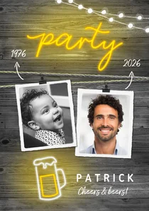 Uitnodiging houtlook man neon hip met foto's en slingers