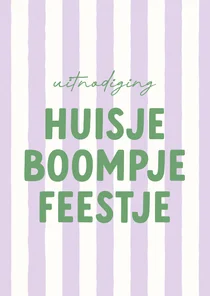 Uitnodiging huisje boompje feestje paars gestreept groen