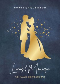 Uitnodiging huwelijksjubileum - gouden silhouet bruidspaar