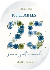 Uitnodiging jubileum 25 jaar in blauwe bloemen ovaal