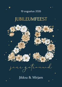 Uitnodiging jubileum 25 jaar in bloemetjes donkerblauw goud