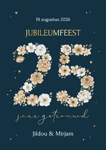 Uitnodiging jubileum 25 jaar in bloemetjes donkerblauw goud