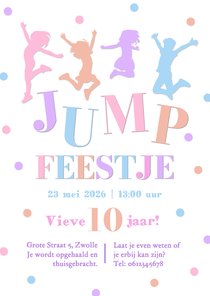 Uitnodiging jump feestje meisje wit met confetti