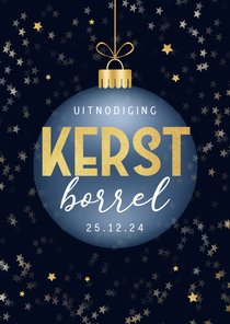 Uitnodiging kerstborrel kerstbal goud sterren 