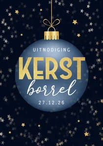 Uitnodiging kerstborrel kerstbal goud sterren 