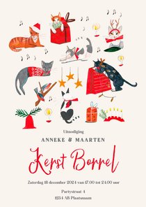 Uitnodiging kerstborrel poezen illustraties