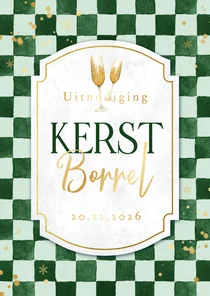 Uitnodiging kerstborrel ruitjes groen goud sneeuw stijlvol
