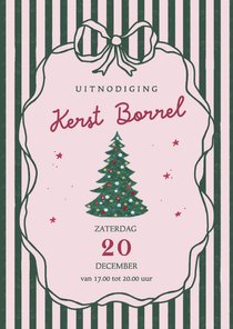 Uitnodiging kerstborrel strepen en strik kerstboom