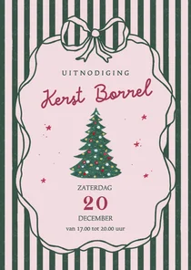 Uitnodiging kerstborrel strepen en strik kerstboom