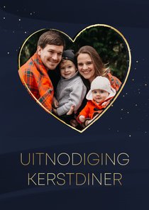 Uitnodiging kerstdiner donkerblauw met goudlook en foto