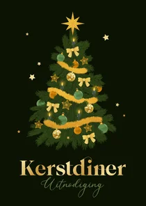Uitnodiging kerstdiner kerstboom groen goud sterretjes