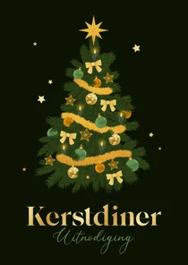 Uitnodiging kerstdiner kerstboom groen goud sterretjes