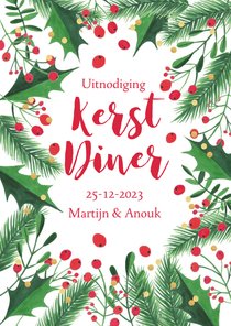 Uitnodiging kerstdiner kersttakken, hulst en confetti