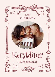 Uitnodiging kerstdiner strikjes foto kandelaar lintjes kader