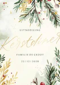 Uitnodiging kerstdiner waterverf kersttakjes met goud