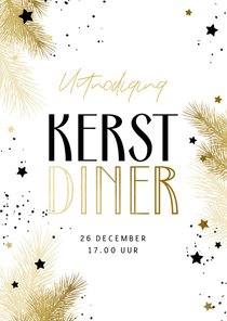 Uitnodiging kerstdiner zwart-wit goud met takjes en sterren