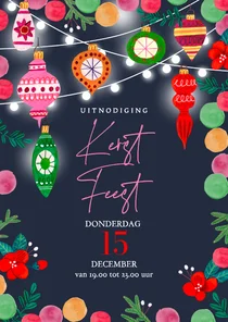 Uitnodiging kerstfeest kerstballen en lichtjes