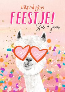 Uitnodiging kinderfeestje alpaca confettiballon goud sterren
