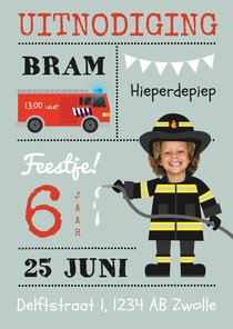 Uitnodiging kinderfeestje brandweer en brandweerauto thema