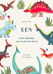 Uitnodiging kinderfeestje dinosaurus met verjaardag hoedjes