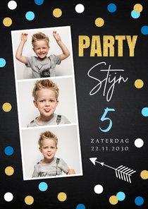 Uitnodiging kinderfeestje fotocollage jongen dots goudlook