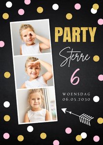 Uitnodiging kinderfeestje fotocollage meisje confetti zwart