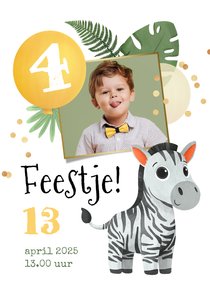 Uitnodiging kinderfeestje jungle zebra confetti ballonnen