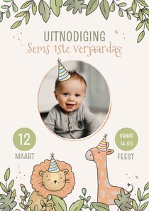 Uitnodiging kinderfeestje met leeuw en giraf