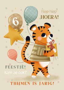 Uitnodiging kinderfeestje met tijger ballonnen en confetti