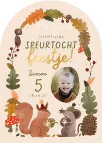 Uitnodiging kinderfeestje speurtocht feestje bos herfst goud
