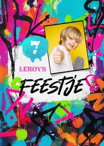 Uitnodiging kinderfeestje stoer graffiti kleurrijk hip foto