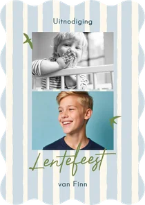 Uitnodiging lentefeest blauwe streep groene vogeltjes