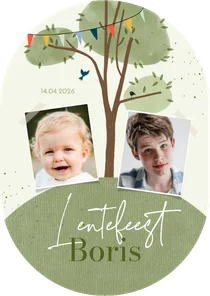 Uitnodiging lentefeest boom en aardbol met 2 foto's