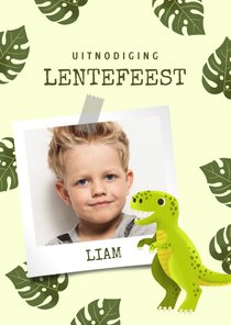 Uitnodiging lentefeest met dinosaurus, bladeren en foto