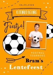 Uitnodiging lentefeest voetbal oranje foto stoer hip