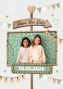 Uitnodiging lentefeest wegwijzers slingers save the date